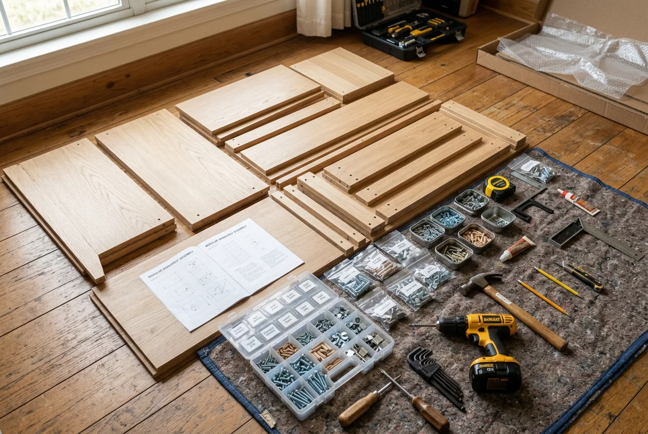 Furniture flat-pack kit with tools and hardware